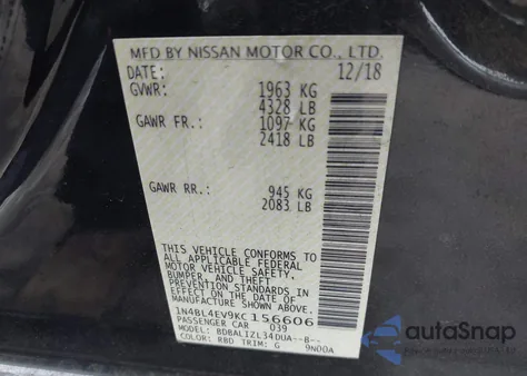 2019 Nissan Altima 2.5 Sl из США, поврежденный, VIN 1N4BL4EV9KC156606